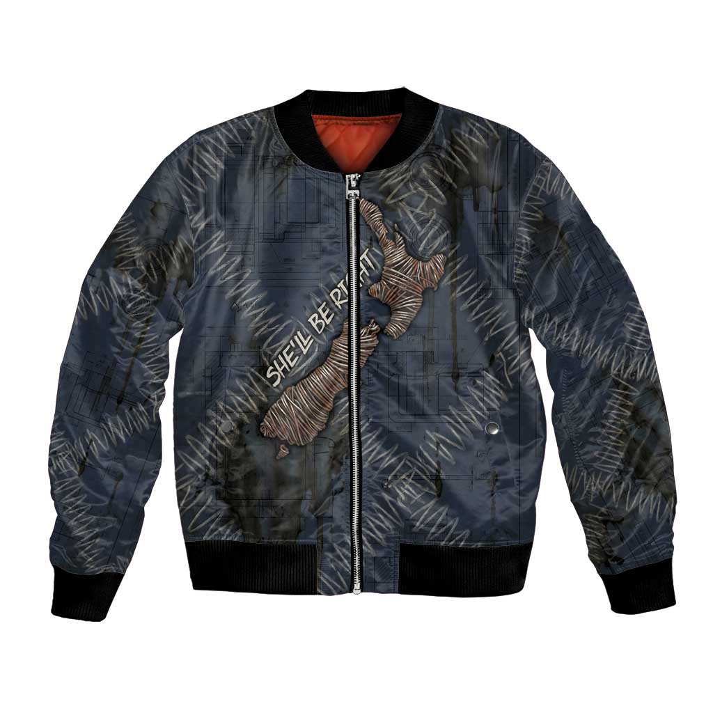 New Zealand She’ll Be Right Bomber Jacket NZ Slang No. 8 Wire Map Pattern TS04 Unisex Navy Slate - Polynesian Pride
