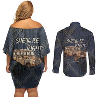 New Zealand She’ll Be Right Couples Matching Off Shoulder Short Dress and Long Sleeve Button Shirt NZ Slang No. 8 Wire Map Pattern