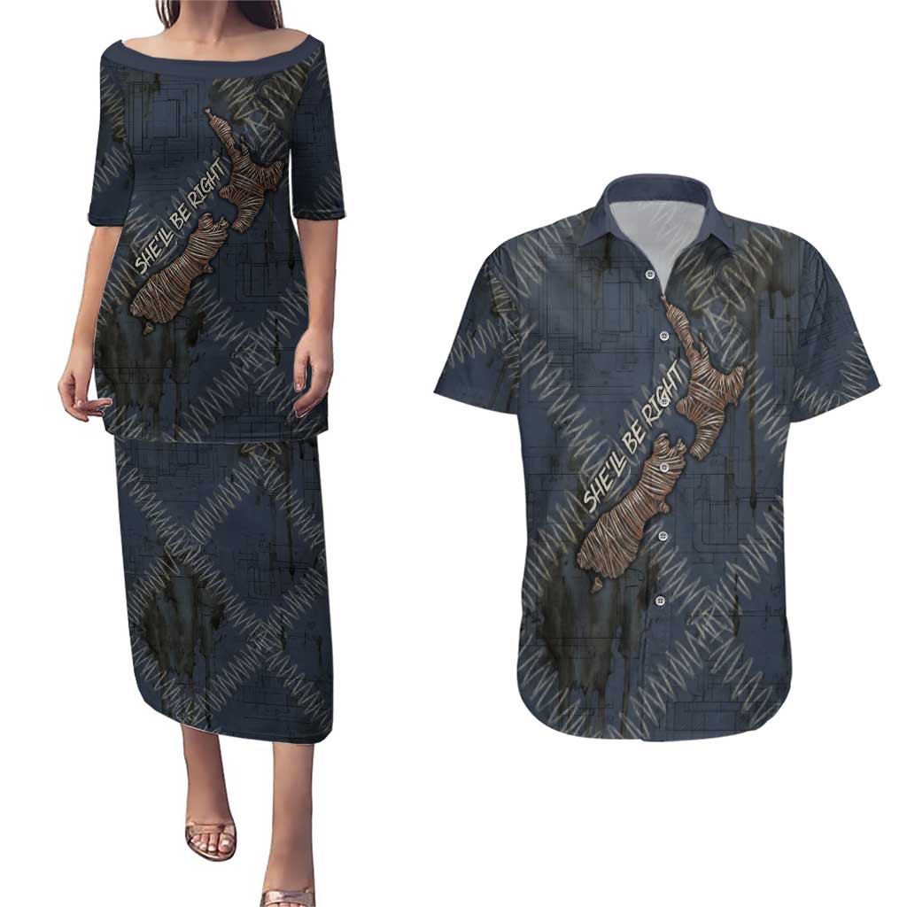 New Zealand She’ll Be Right Couples Matching Puletasi and Hawaiian Shirt NZ Slang No. 8 Wire Map Pattern