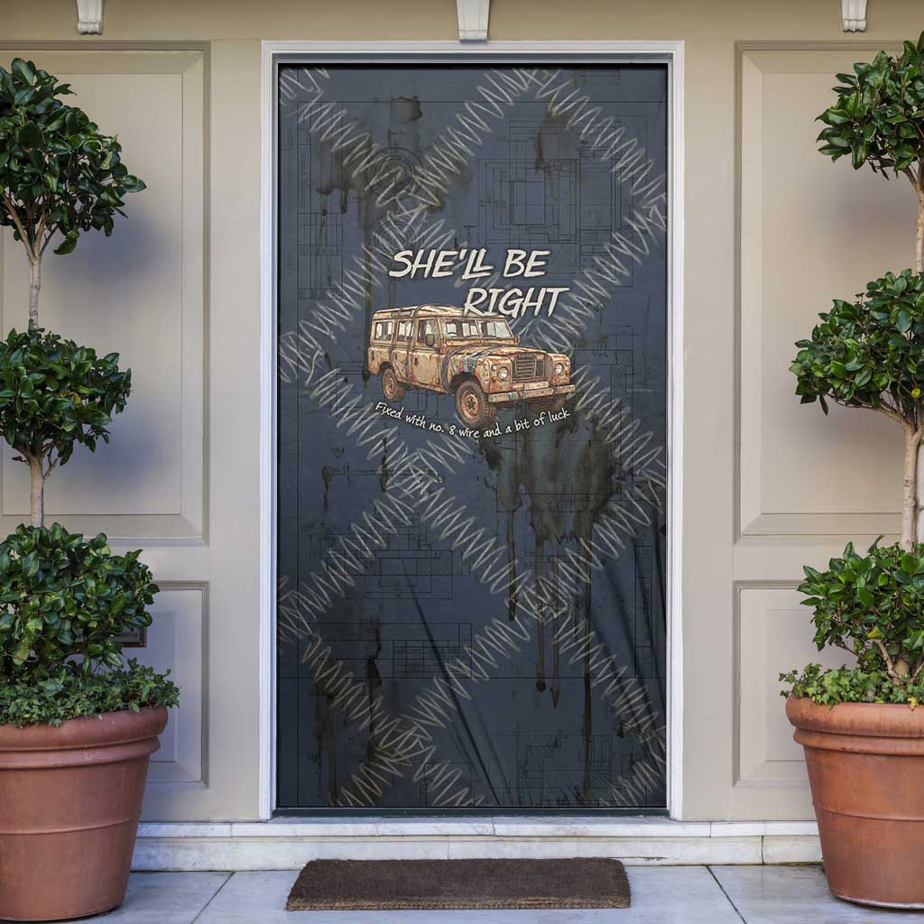 New Zealand She’ll Be Right Door Cover NZ Slang No. 8 Wire Map Pattern