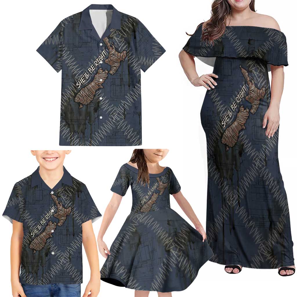 New Zealand She’ll Be Right Family Matching Off Shoulder Maxi Dress and Hawaiian Shirt NZ Slang No. 8 Wire Map Pattern