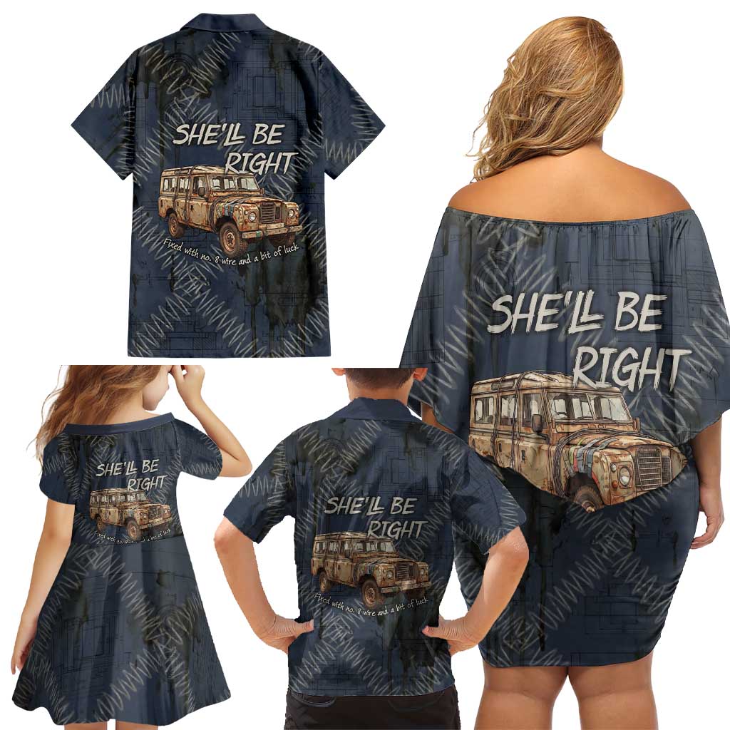 New Zealand She’ll Be Right Family Matching Off Shoulder Short Dress and Hawaiian Shirt NZ Slang No. 8 Wire Map Pattern
