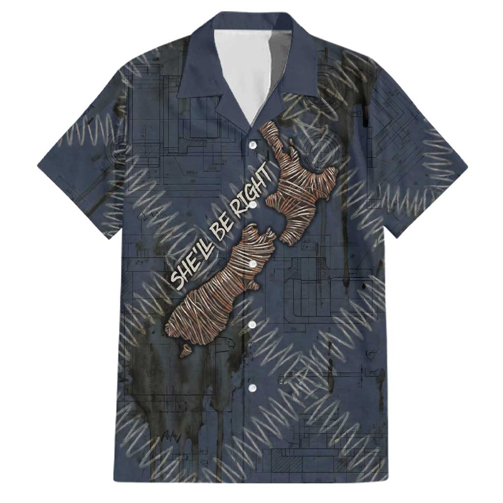 New Zealand She’ll Be Right Family Matching Off Shoulder Short Dress and Hawaiian Shirt NZ Slang No. 8 Wire Map Pattern
