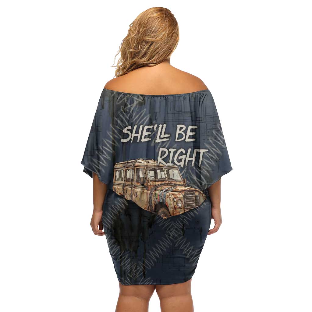 New Zealand She’ll Be Right Family Matching Off Shoulder Short Dress and Hawaiian Shirt NZ Slang No. 8 Wire Map Pattern