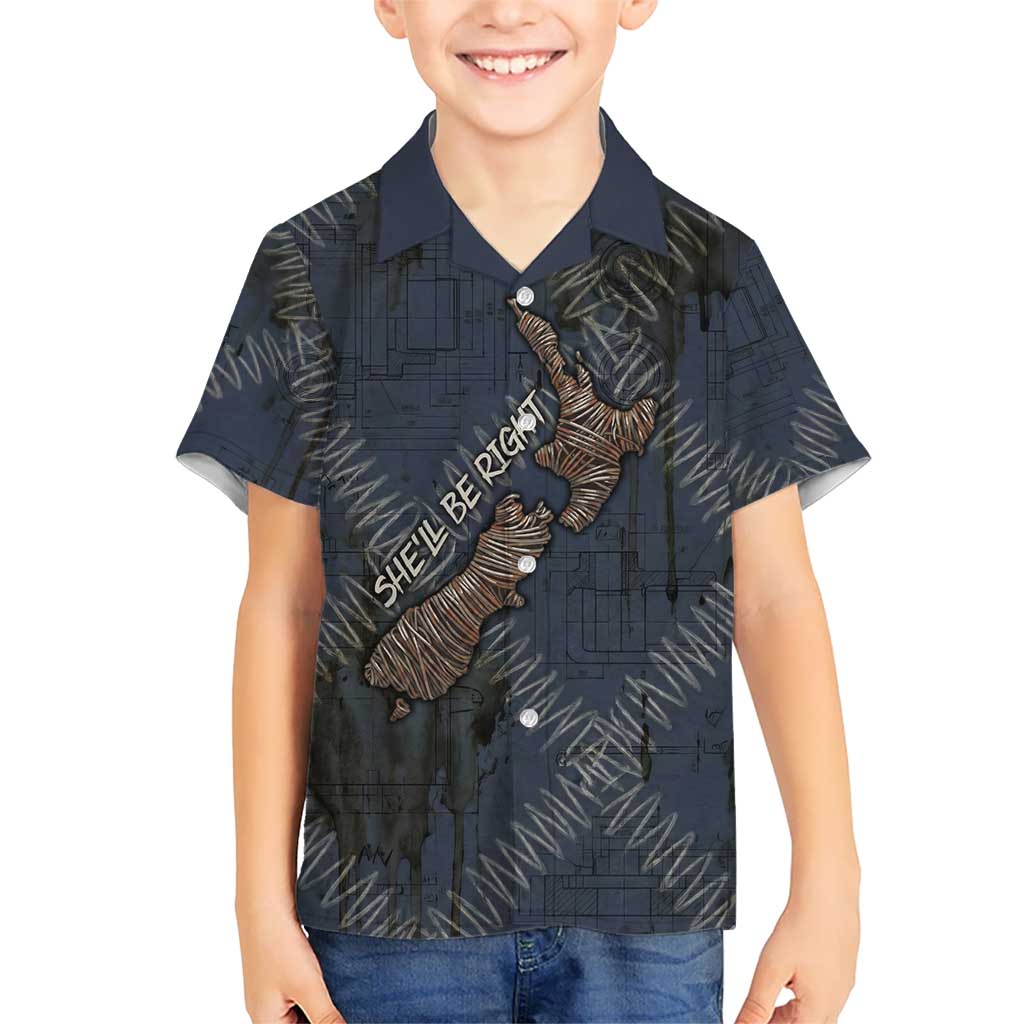 New Zealand She’ll Be Right Family Matching Off Shoulder Short Dress and Hawaiian Shirt NZ Slang No. 8 Wire Map Pattern