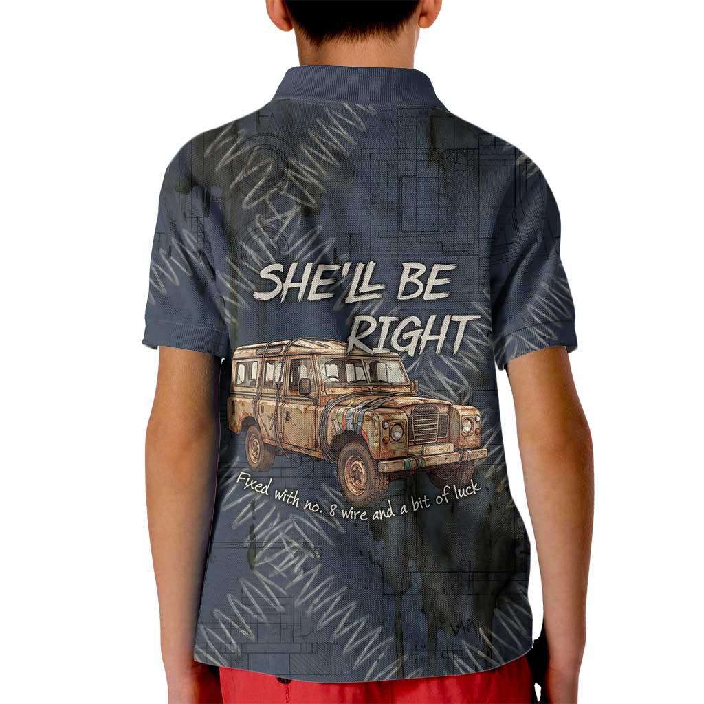 New Zealand She’ll Be Right Kid Polo Shirt NZ Slang No. 8 Wire Map Pattern