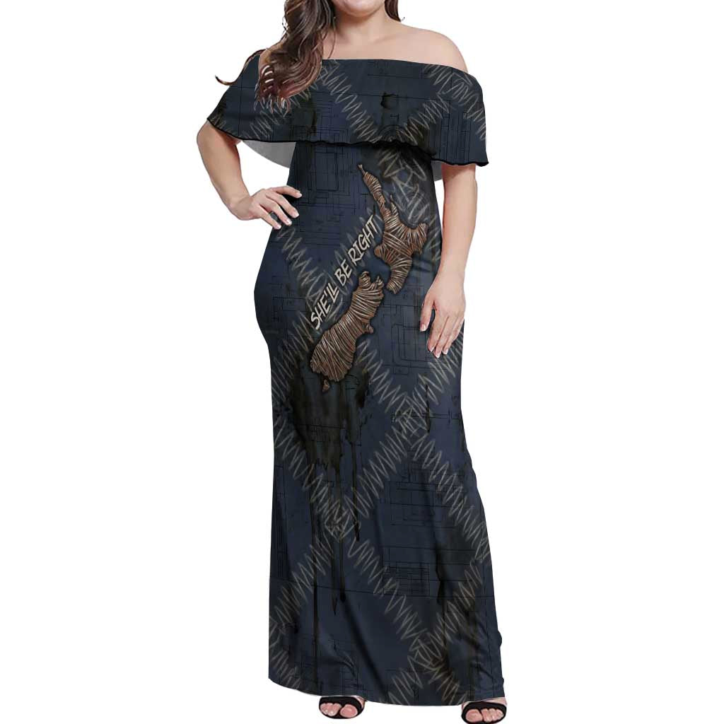 New Zealand She’ll Be Right Off Shoulder Maxi Dress NZ Slang No. 8 Wire Map Pattern