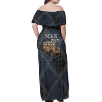 New Zealand She’ll Be Right Off Shoulder Maxi Dress NZ Slang No. 8 Wire Map Pattern
