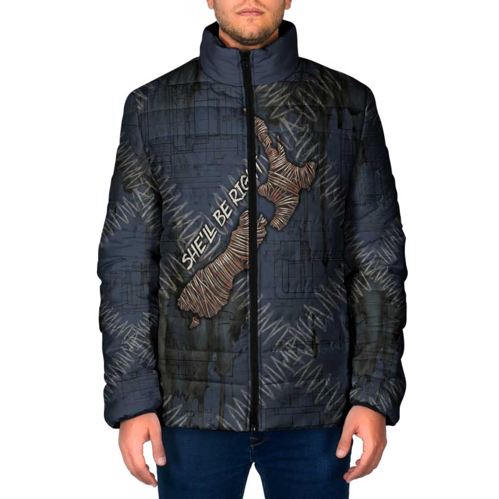 New Zealand She’ll Be Right Padded Jacket NZ Slang No. 8 Wire Map Pattern