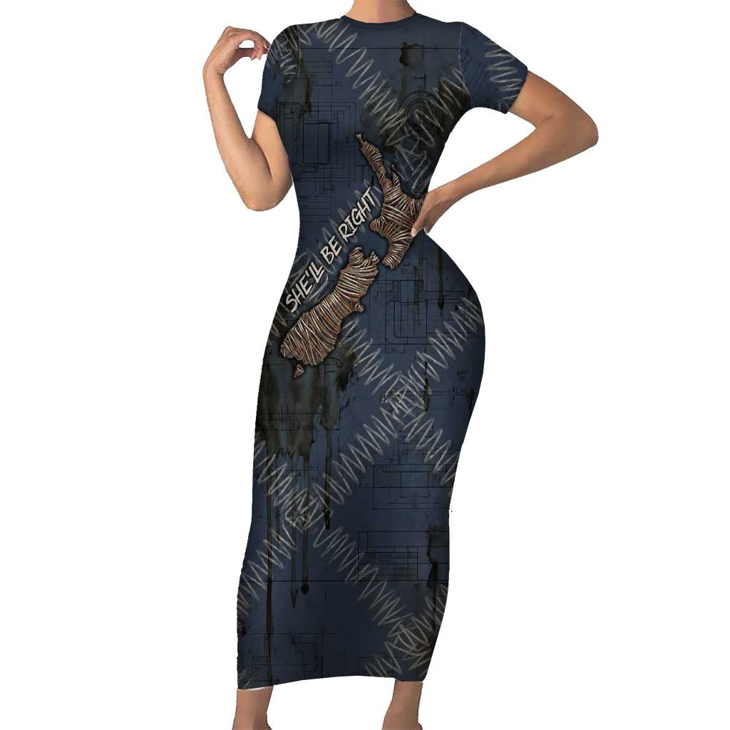 New Zealand She’ll Be Right Short Sleeve Bodycon Dress NZ Slang No. 8 Wire Map Pattern