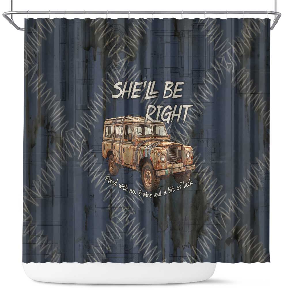 New Zealand She’ll Be Right Shower Curtain NZ Slang No. 8 Wire Map Pattern