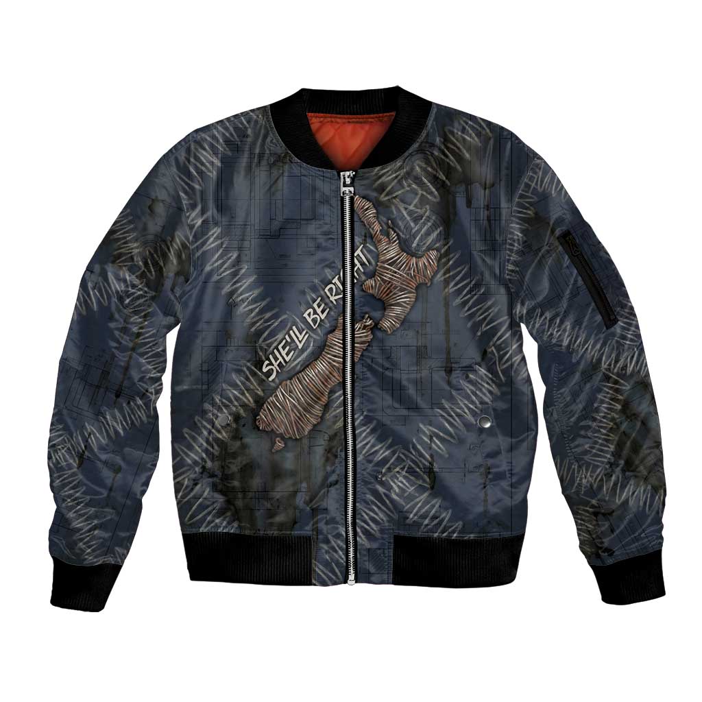 New Zealand She’ll Be Right Sleeve Zip Bomber Jacket NZ Slang No. 8 Wire Map Pattern TS04 Unisex Navy Slate - Polynesian Pride