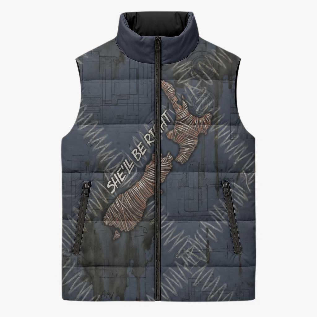 New Zealand She’ll Be Right Sleeveless Puffer Jacket NZ Slang No. 8 Wire Map Pattern