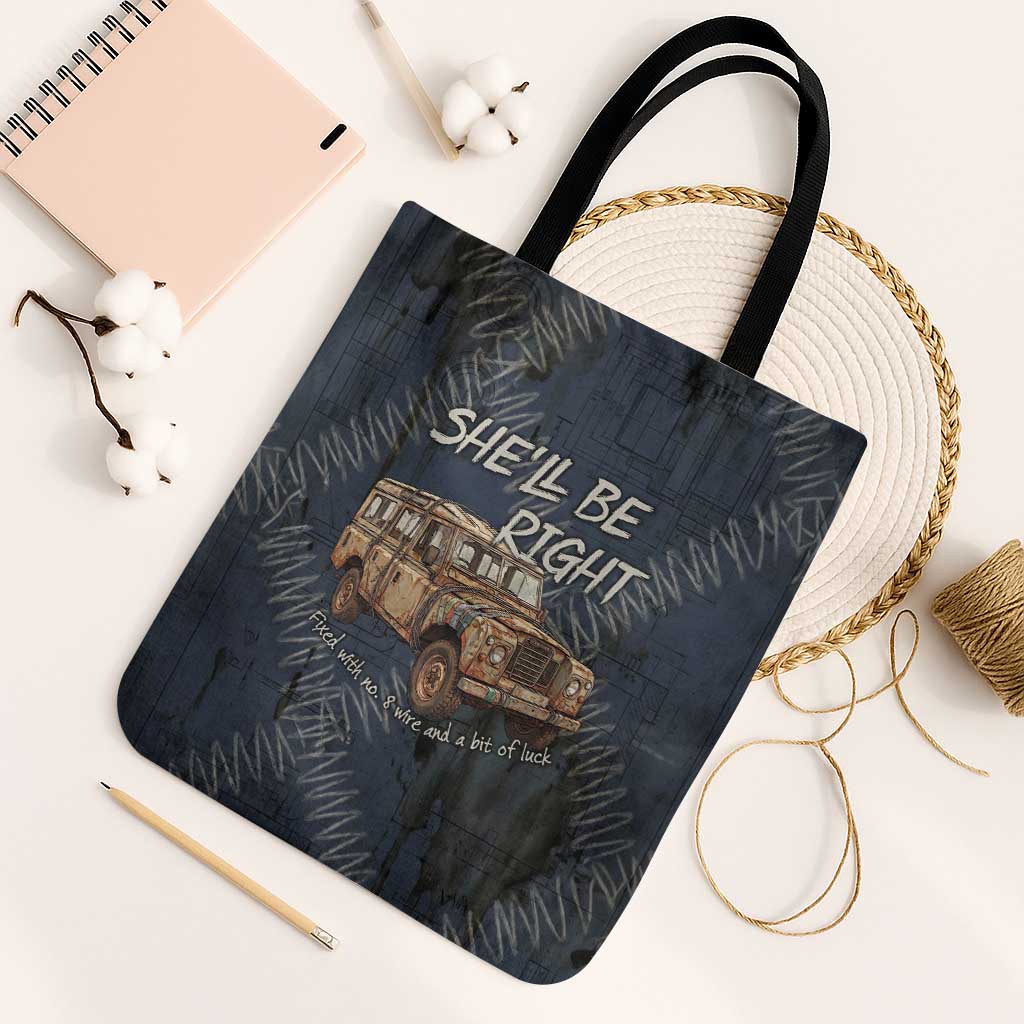 New Zealand She’ll Be Right Tote Bag NZ Slang No. 8 Wire Map Pattern TS04 Black Strap One Size Navy Slate - Polynesian Pride
