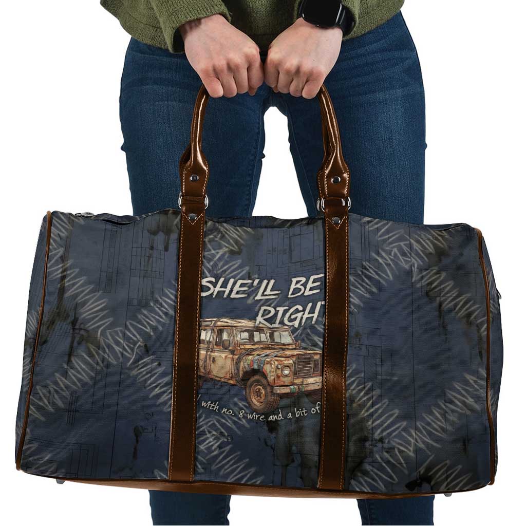 New Zealand She’ll Be Right Travel Bag NZ Slang No. 8 Wire Map Pattern