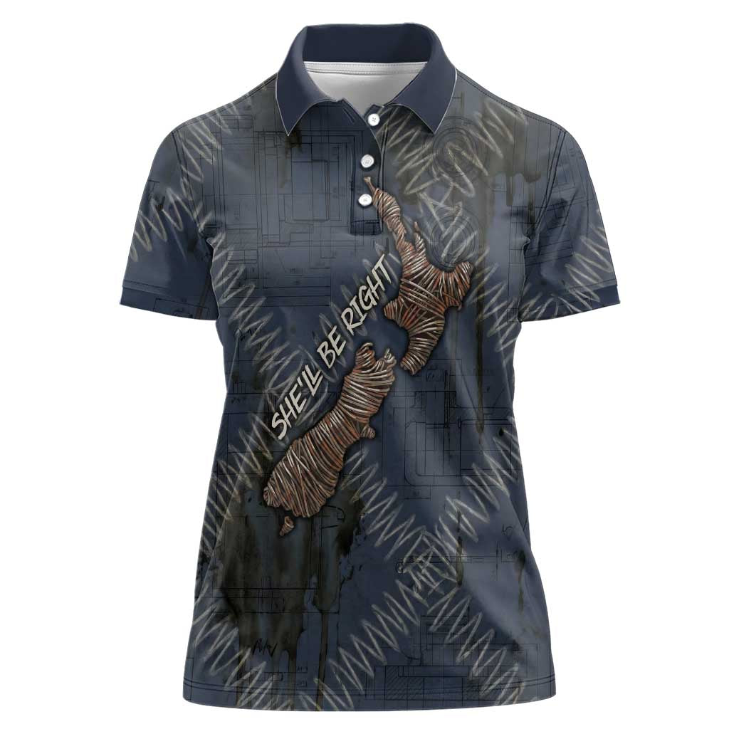 New Zealand She’ll Be Right Women Polo Shirt NZ Slang No. 8 Wire Map Pattern