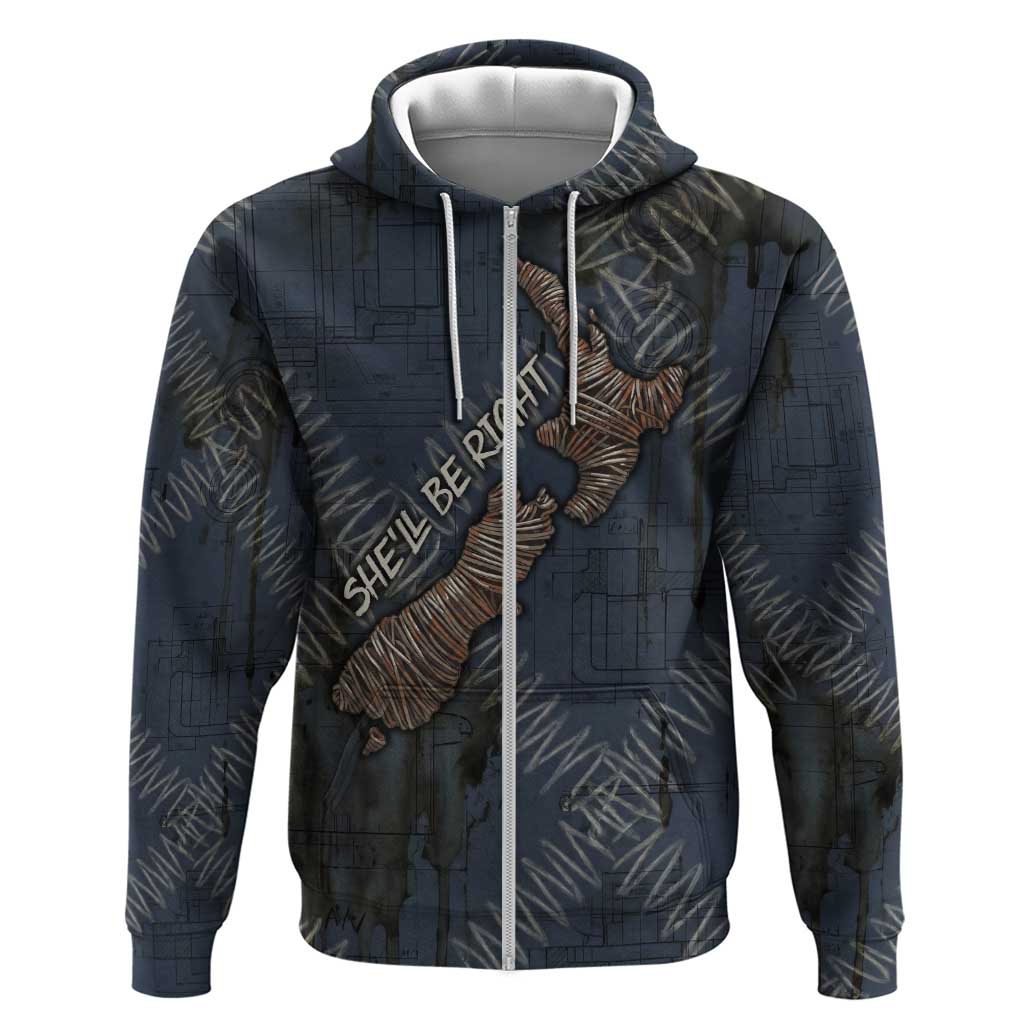 New Zealand She’ll Be Right Zip Hoodie NZ Slang No. 8 Wire Map Pattern