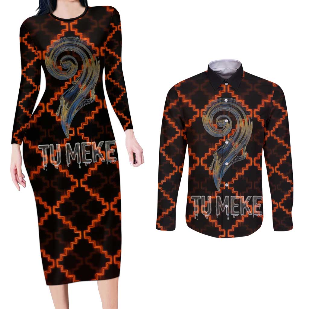 Tu Meke Maori New Zealand Slang Couples Matching Long Sleeve Bodycon Dress and Long Sleeve Button Shirt with Glow Neon Step Style