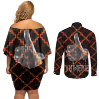 Tu Meke Maori New Zealand Slang Couples Matching Off Shoulder Short Dress and Long Sleeve Button Shirt with Glow Neon Step Style TS04 - Polynesian Pride