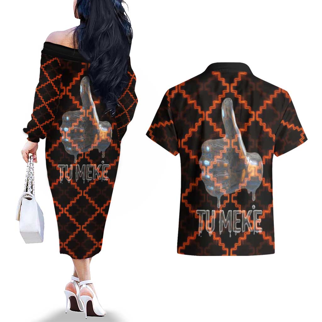 Tu Meke Maori New Zealand Slang Couples Matching Off The Shoulder Long Sleeve Dress and Hawaiian Shirt with Glow Neon Step Style TS04 - Polynesian Pride