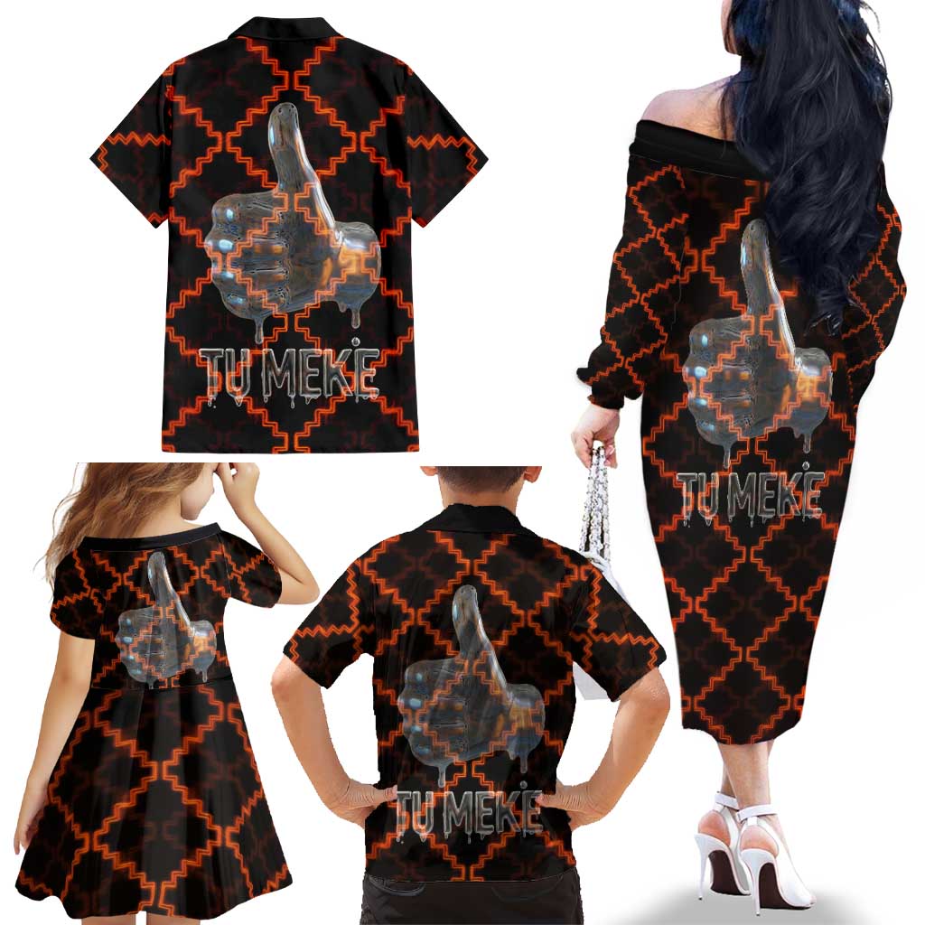 Tu Meke Maori New Zealand Slang Family Matching Off The Shoulder Long Sleeve Dress and Hawaiian Shirt with Glow Neon Step Style