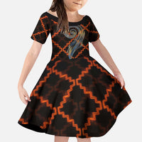 Tu Meke Maori New Zealand Slang Family Matching Off Shoulder Maxi Dress and Hawaiian Shirt with Glow Neon Step Style TS04 Daughter's Dress Black Orange - Polynesian Pride