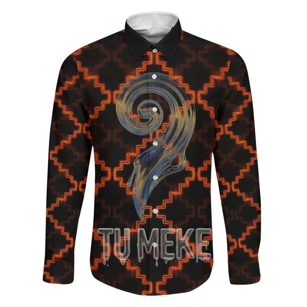 Tu Meke Maori New Zealand Slang Family Matching Off Shoulder Maxi Dress and Hawaiian Shirt with Glow Neon Step Style TS04 Dad's Shirt - Long Sleeve Black Orange - Polynesian Pride