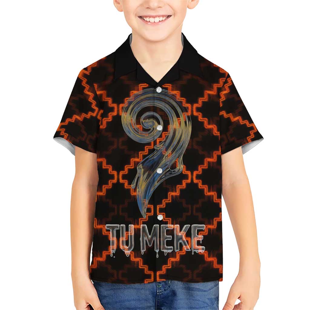 Tu Meke Maori New Zealand Slang Family Matching Off Shoulder Maxi Dress and Hawaiian Shirt with Glow Neon Step Style TS04 Son's Shirt Black Orange - Polynesian Pride