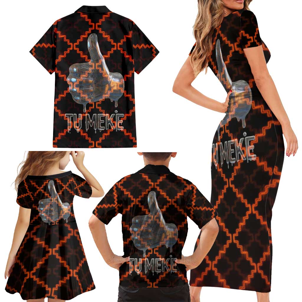 Tu Meke Maori New Zealand Slang Family Matching Short Sleeve Bodycon Dress and Hawaiian Shirt with Glow Neon Step Style