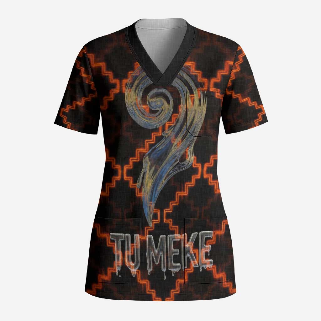 Tu Meke Maori New Zealand Slang Scrub Top with Glow Neon Step Style TS04 Adult Black Orange - Polynesian Pride