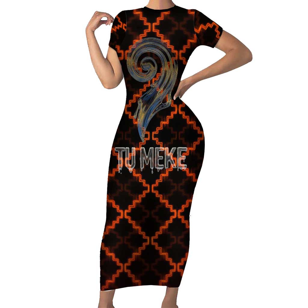 Tu Meke Maori New Zealand Slang Short Sleeve Bodycon Dress with Glow Neon Step Style
