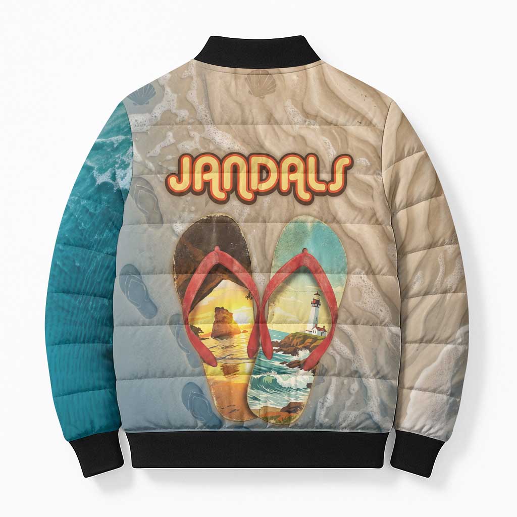 Kiwi Jandal Beach Life Bomber Puffer Jacket New Zealand Flip Flops Ocean Wave Surf Style