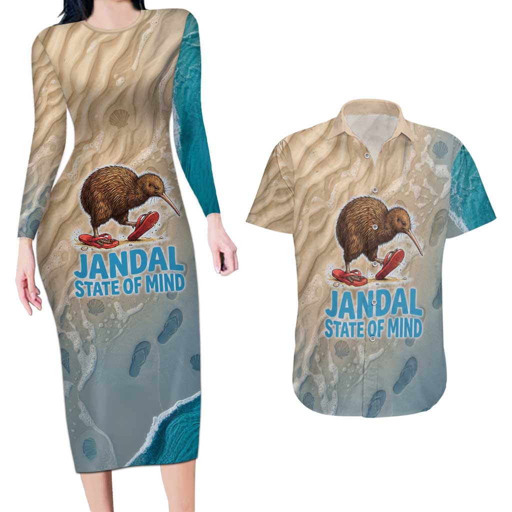 Kiwi Jandal Beach Life Couples Matching Long Sleeve Bodycon Dress and Hawaiian Shirt New Zealand Flip Flops Ocean Wave Surf Style TS04 Beige Cyan - Polynesian Pride
