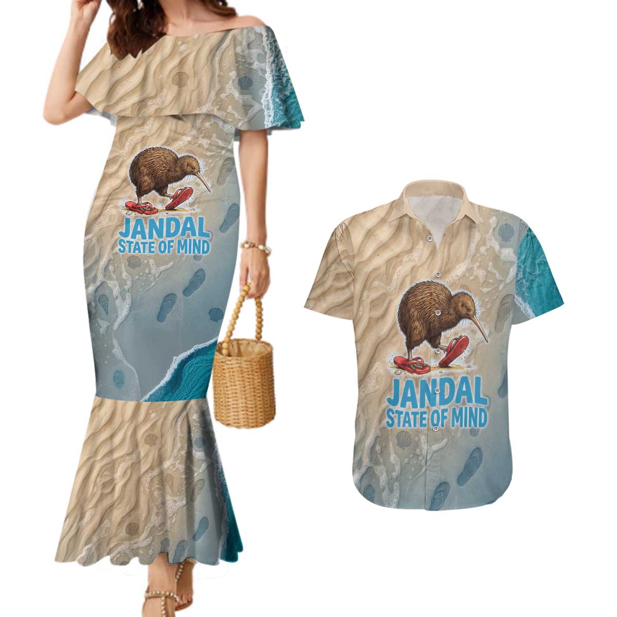 Kiwi Jandal Beach Life Couples Matching Mermaid Dress and Hawaiian Shirt New Zealand Flip Flops Ocean Wave Surf Style