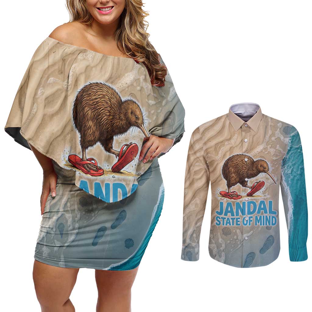 Kiwi Jandal Beach Life Couples Matching Off Shoulder Short Dress and Long Sleeve Button Shirt New Zealand Flip Flops Ocean Wave Surf Style TS04 Beige Cyan - Polynesian Pride