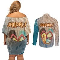Kiwi Jandal Beach Life Couples Matching Off Shoulder Short Dress and Long Sleeve Button Shirt New Zealand Flip Flops Ocean Wave Surf Style TS04 - Polynesian Pride
