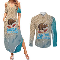 Kiwi Jandal Beach Life Couples Matching Summer Maxi Dress and Long Sleeve Button Shirt New Zealand Flip Flops Ocean Wave Surf Style TS04 Beige Cyan - Polynesian Pride