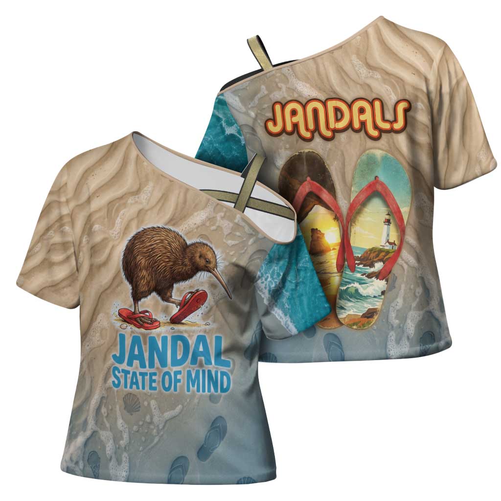 Kiwi Jandal Beach Life Cross Shoulder Shirt New Zealand Flip Flops Ocean Wave Surf Style