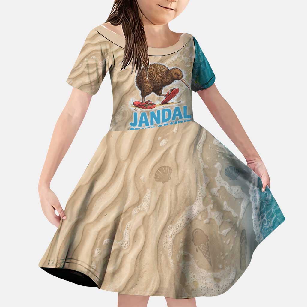 Kiwi Jandal Beach Life Family Matching Puletasi and Hawaiian Shirt New Zealand Flip Flops Ocean Wave Surf Style TS04 Daughter's Dress Beige Cyan - Polynesian Pride