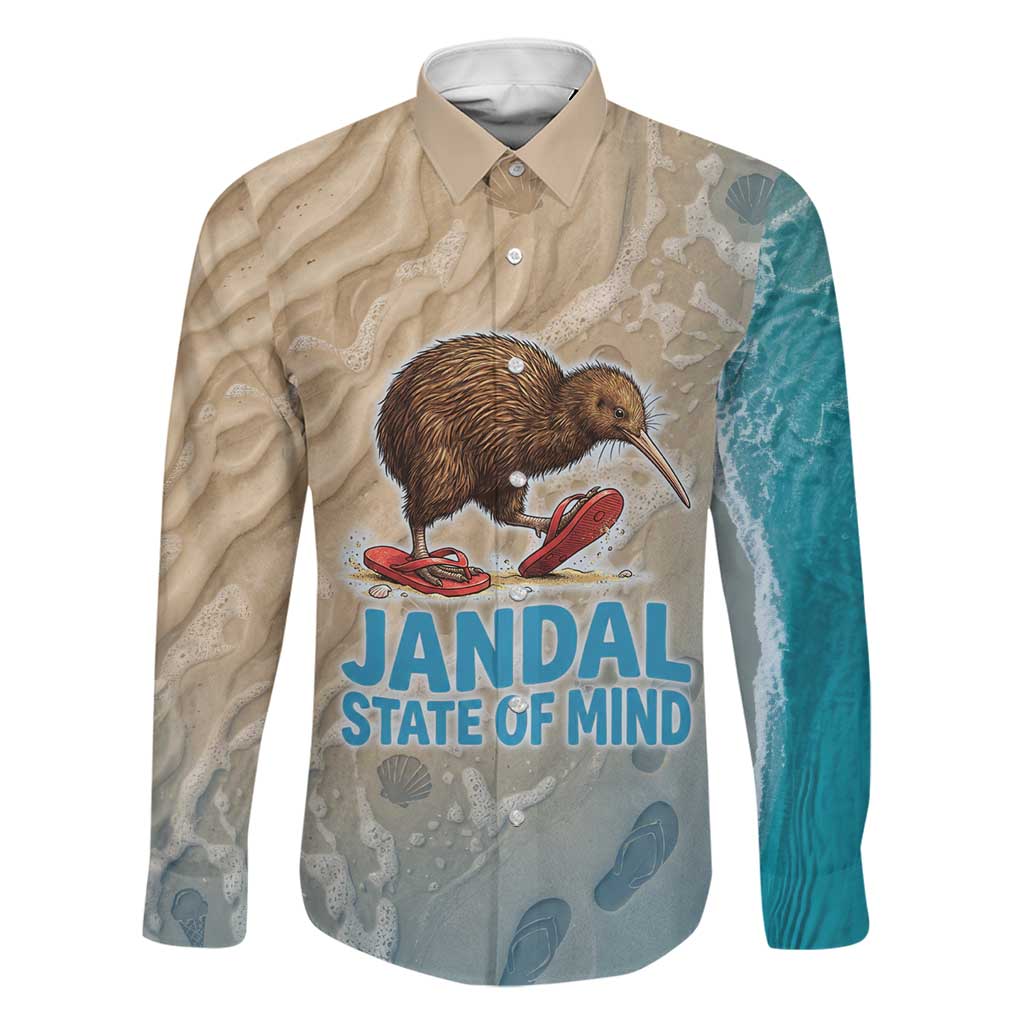 Kiwi Jandal Beach Life Family Matching Puletasi and Hawaiian Shirt New Zealand Flip Flops Ocean Wave Surf Style TS04 Dad's Shirt - Long Sleeve Beige Cyan - Polynesian Pride