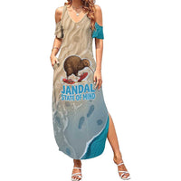 Kiwi Jandal Beach Life Family Matching Summer Maxi Dress and Hawaiian Shirt New Zealand Flip Flops Ocean Wave Surf Style TS04 Mom's Dress Beige Cyan - Polynesian Pride