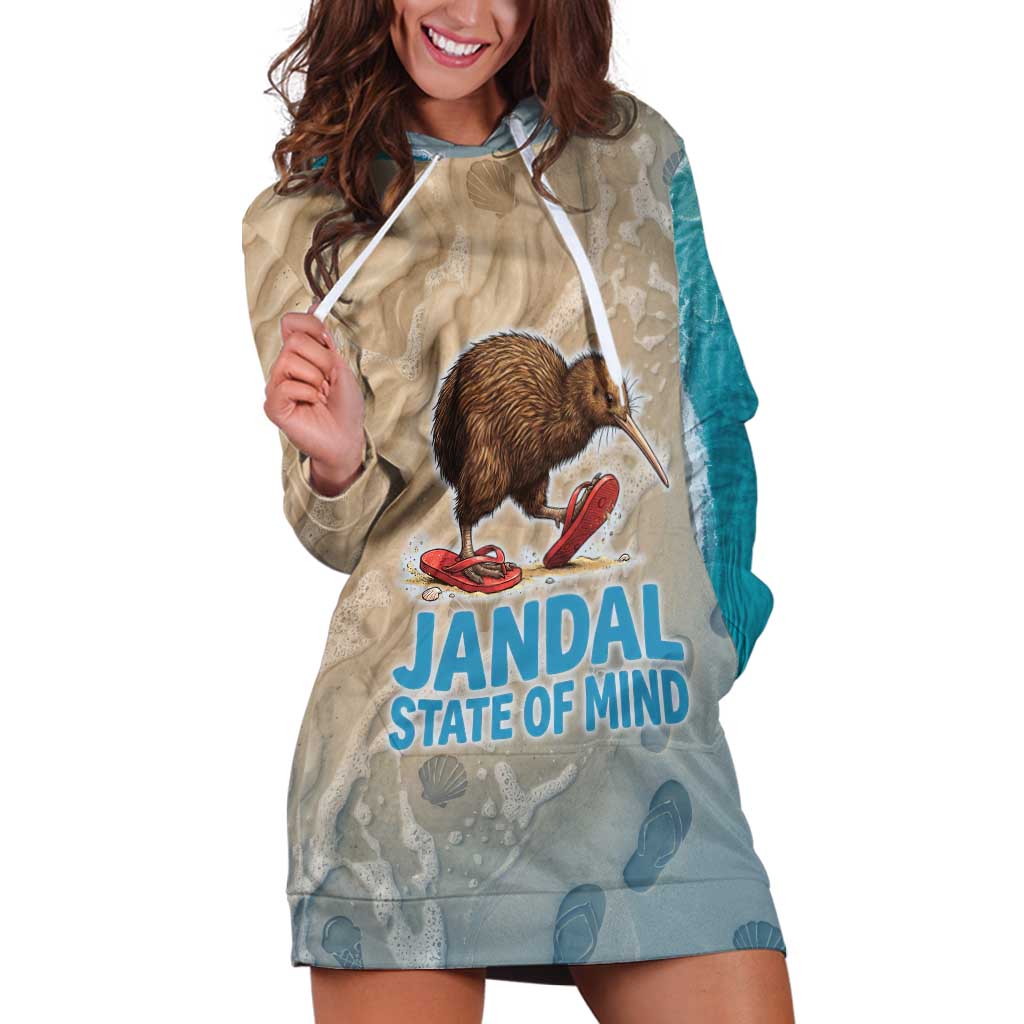 Kiwi Jandal Beach Life Hoodie Dress New Zealand Flip Flops Ocean Wave Surf Style TS04 Beige Cyan - Polynesian Pride