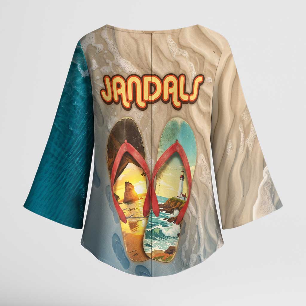 Kiwi Jandal Beach Life Kimono Sleeve Blouse New Zealand Flip Flops Ocean Wave Surf Style