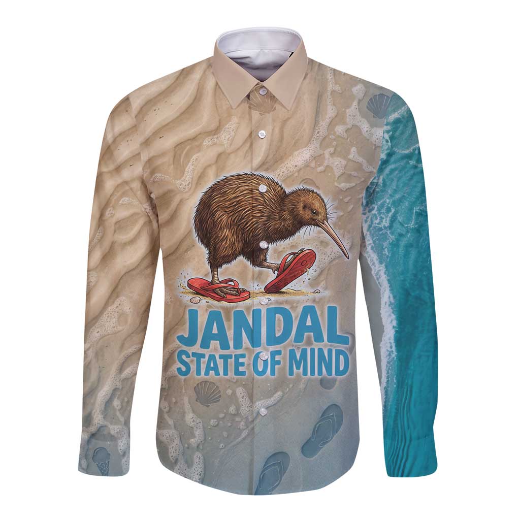 Kiwi Jandal Beach Life Long Sleeve Button Shirt New Zealand Flip Flops Ocean Wave Surf Style
