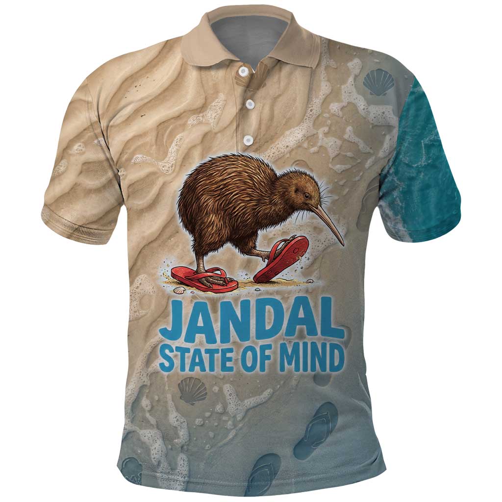 Kiwi Jandal Beach Life Polo Shirt New Zealand Flip Flops Ocean Wave Surf Style