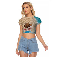 Kiwi Jandal Beach Life Raglan Cropped T Shirt New Zealand Flip Flops Ocean Wave Surf Style