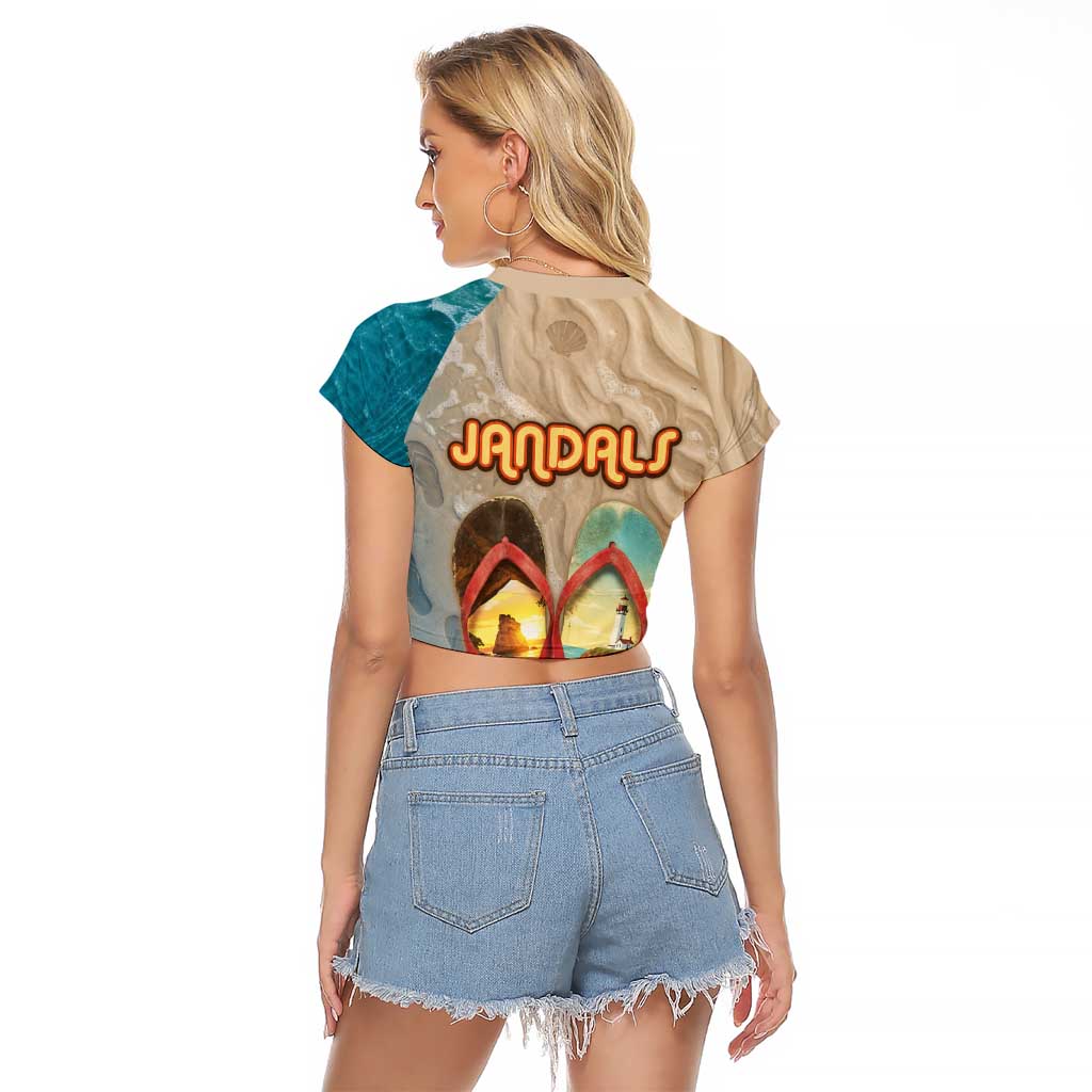 Kiwi Jandal Beach Life Raglan Cropped T Shirt New Zealand Flip Flops Ocean Wave Surf Style