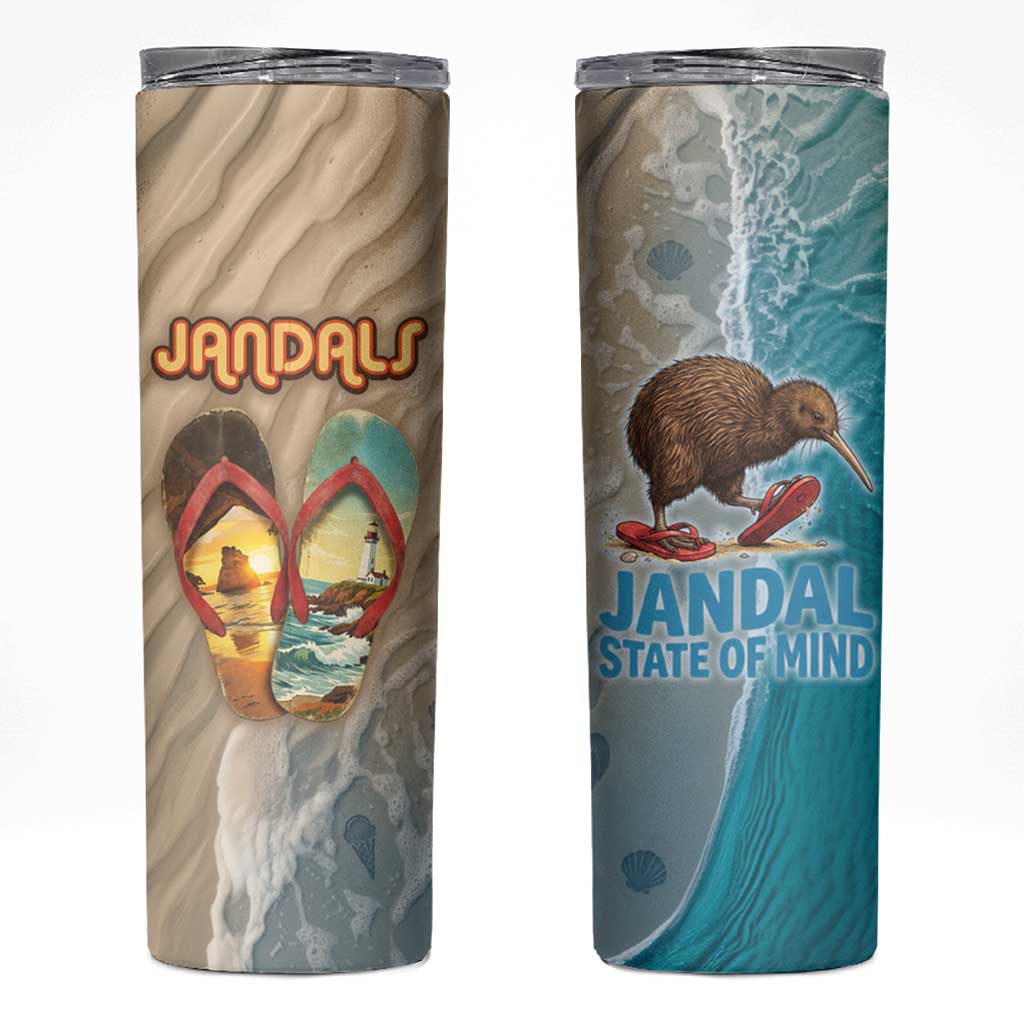 Kiwi Jandal Beach Life Skinny Tumbler New Zealand Flip Flops Ocean Wave Surf Style TS04 Beige Cyan - Polynesian Pride