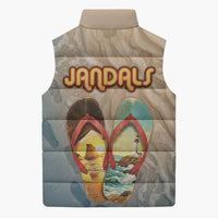 Kiwi Jandal Beach Life Sleeveless Puffer Jacket New Zealand Flip Flops Ocean Wave Surf Style
