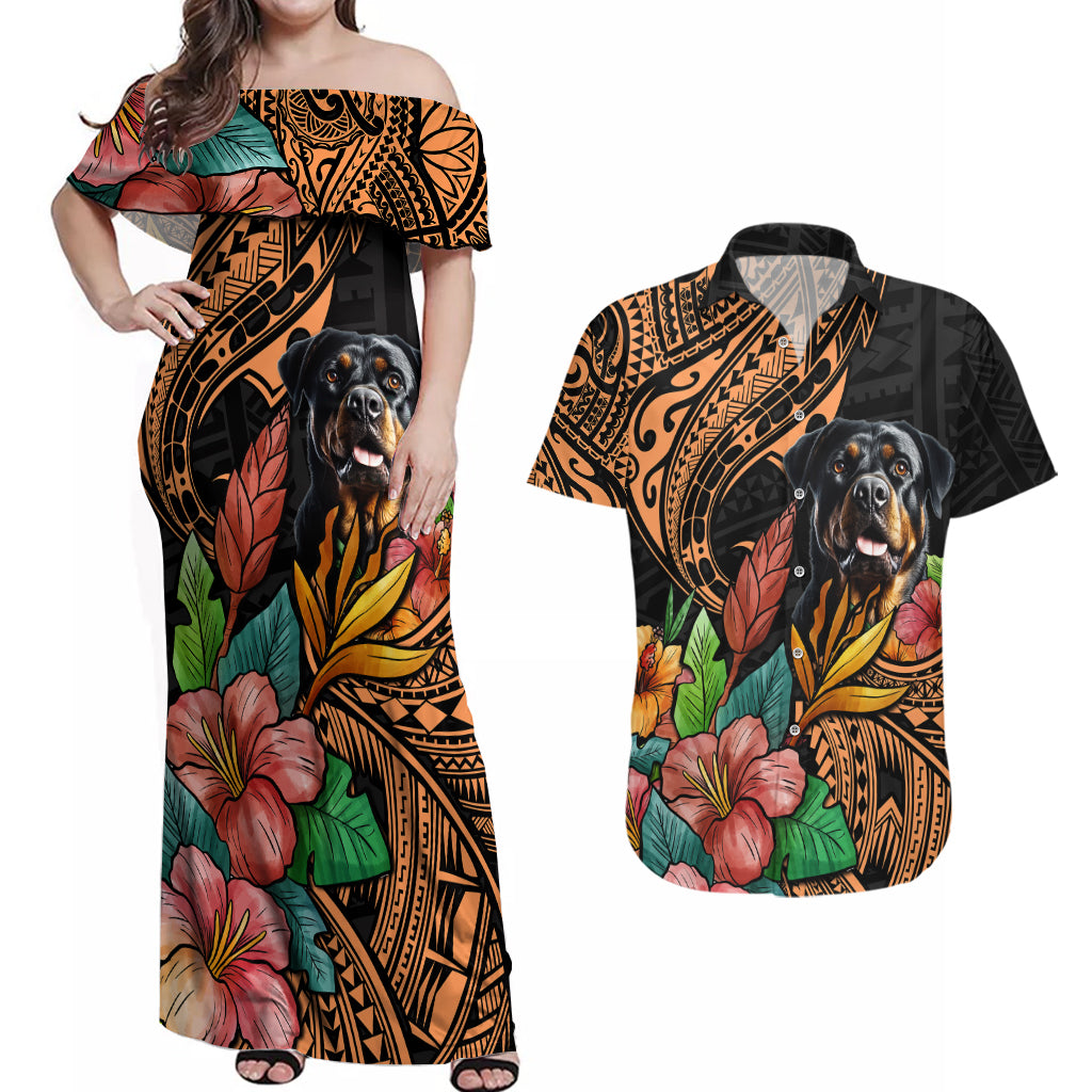 Polynesian Rottweiler Couples Matching Off Shoulder Maxi Dress and Hawaiian Shirt Polynesian Pattern And Rottweiler TS04 Black - Polynesian Pride